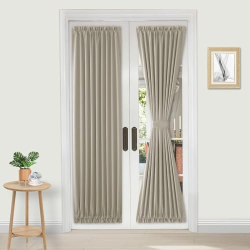 DWCN French Door Curtains ??? Rod Pocket Thermal Blackout Curtain for Doors with Glass Window, Kitchen and Patio Doors for Privacy, 36 X 72 Inches Long, 1 Curtain Panel with Tieback, Taupe