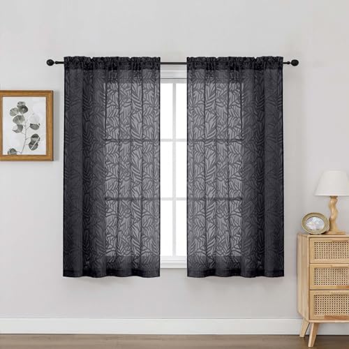 OVZME Charcoal Grey Sheer Curtains 54 Inch Length 2 Panels, Soft Airy Light Filtering Breathable Leaf Jacquard Textured Short Drapes for Bathroom Bedroom Windows, Dual Rod Pocket, 2x42Wx54L Inches