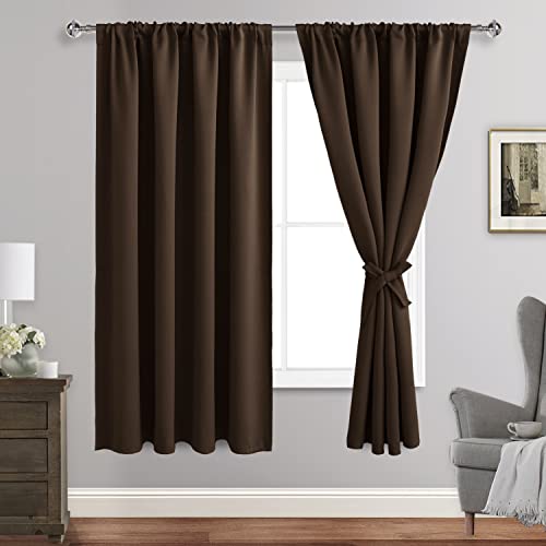 JIUZHEN Blackout Curtains for Bedroom - Thermal Insulated Room Darkening Noise Reducing, 52 x 63 Inch Length Curtains for Living Room, Set of 2 Panels with Tiebacks, Brown