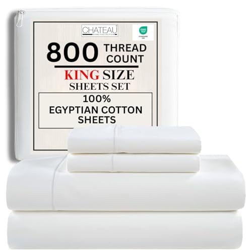 CHATEAU HOME COLLECTION King Size Sheet Set, 4 Piece, White, 800 Thread Count Egyptian Cotton, Luxury Hotel Collection Bedding