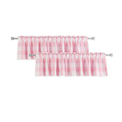 "2 Pack Buffalo Check Valances for Windows Living Room 18 inches Long Classic Gingham Plaid Bedroom Bathroom Rod Pocket Country Farmhouse Kitchen Window Curtain Valances - 54""x18"" Pink & White"