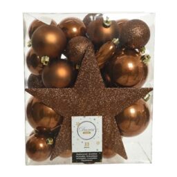 Christmas-Decorations Set of 33 Plastic Christmas Baubles Mix with Star Tip, Dark Brown
