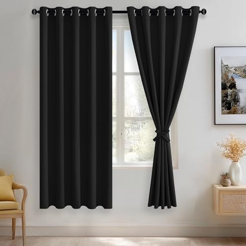 JIUZHEN Black Blackout Curtains with Tiebacks - Thermal Insulated, Light Blocking and Noise Reducing Grommet Curtains for Bedroom and Living Room, Set of 2 Window Curtain Panels, 60 x 72 Inch Length