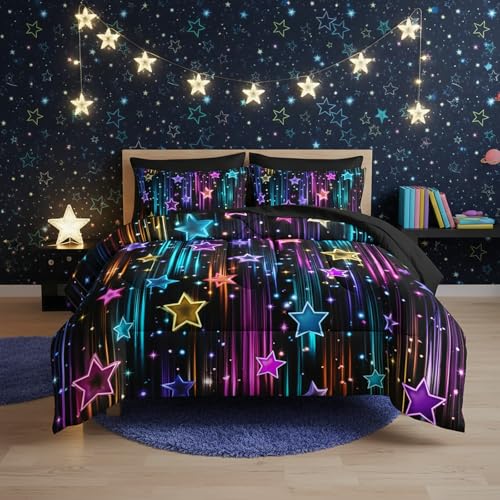 QOOMO Glitter Star 7 Pieces Comforter Set King Size,Neon Star Bedding Set for Kids Teens Girls-Include 1 Comforter,1 Fitted Sheet,1 Flat Sheet,2 Printing Pillowcases and 2 Black Pillowcases