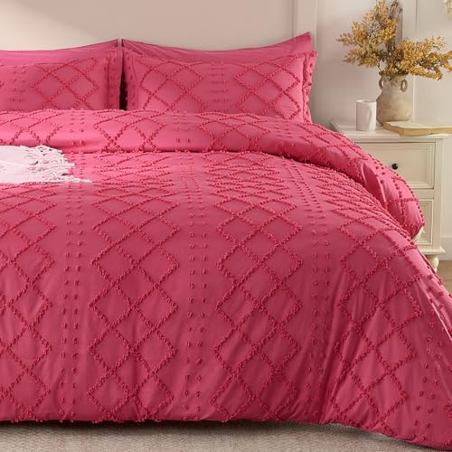 VACVELT 5PCS Hot Pink Boho Tufted Duvet Cover King Size, Zipper & Ties - Premium Microfiber Duvet Set, Soft & Breathable, 2 Tufted & 2 Envelope Pillowcases, Fade & Shrink Resistant, Machine Washable