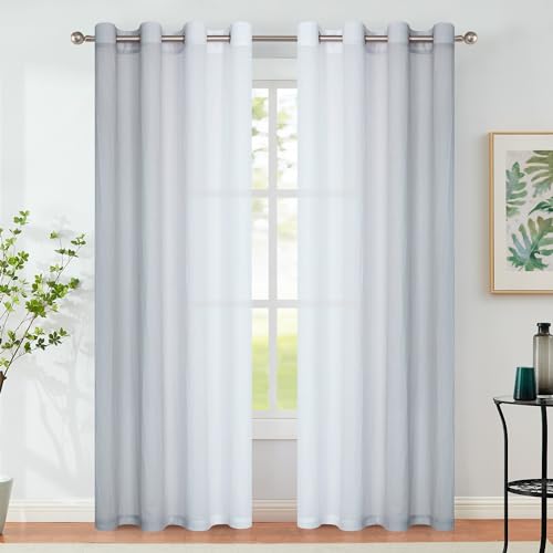 Grey Ombre Sheer Curtains 63 Inch Long Grommet Top for Living Room 2 Panels - Chiffon Special Crinkle Gradient Semi Sheer Window Treatments, Privacy with Light Drapes for Bedroom Kids Room, All Season