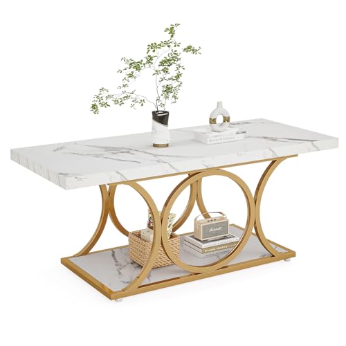 LITTLE TREE White Rectangle Coffee Table, 47 Inches Modern Coffee Tables for Living Room, 2-Tier Faux Marble Wood Coffee Table with Storage, Large Center Table with Gold Metal Legs