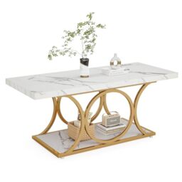 LITTLE TREE White Rectangle Coffee Table, 47 Inches Modern Coffee Tables for Living Room, 2-Tier Faux Marble Wood Coffee Table with Storage, Large Center Table with Gold Metal Legs