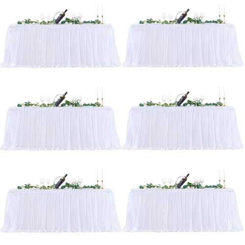 Little Funny White Tulle Tablecloth 6 Foot Rectangle, Table Covers for 6 Foot White Tulle Tables Skirt Rectangle 6ft Wedding Table Cloths Party Baby Shower Banquet Fitted Elastic