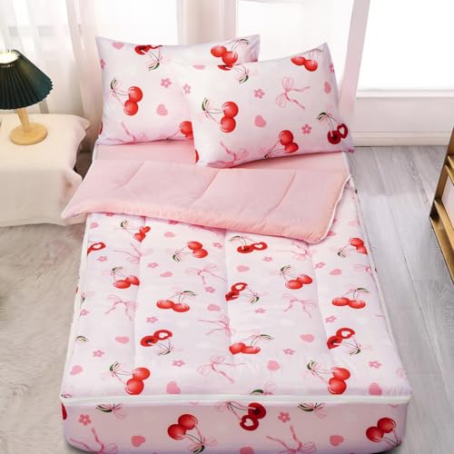 A Nice Night Zipper Bedding for Girls Chic Bow Comforter Set, Cherry Flower Printed Ribbon Bowknot Kids Bedding Set,Twin Size