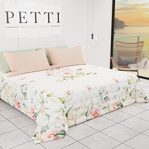 PETTI Artigiani Italiani - Quilt Bedspread Spring Summer Double Bouquet Design 100% Hypoallergenic Microfiber 100% Made in Italy
