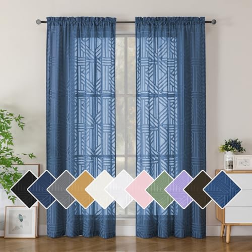 Simplebrand Dusty Blue Semi Sheer Curtains 84 Inches Long 2 Panels, Light Filtering Geometric Jacquard Clip Textured Sheer Curtains for Bedroom???Modern Elegant Window Curtains Drapes???42x84 inch