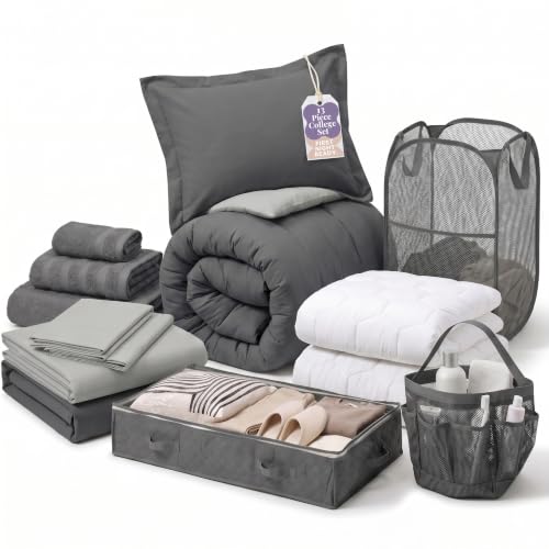 Hearth & Harbor Complete Dorm Room Set, Twin XL Comforter Set, Sheet Set, Mattress Protector, Towels and Organizers - All Dorm Accessories Included