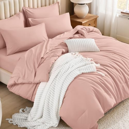 Litanika - 7 Pieces Comforter Set Solid Lightweight Bedding Comforter Set with Sheets & Shams - Classic Design for All Season, California King, Blush Pink