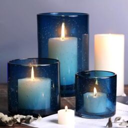 NITIME Hurricane Candle Holder Set of 3 Blue Glass Candle Holders for Pillar Candles, Sewn Bubbles, Blue Glass Vases for Table Decoration, Home, Patio and Wedding, 8 inch, 5.1 inch