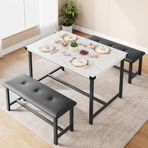 GarveeHome Dining Table with 2 Benches, 3 Piece Kitchen Table Set, Space Saving Dining Room Furniture, Metal Frame, for Kitchen Home Restaurant Bistro Patio Garden, 70D x 113W x 75H cm