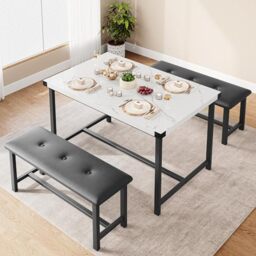 GarveeHome Dining Table with 2 Benches, 3 Piece Kitchen Table Set, Space Saving Dining Room Furniture, Metal Frame, for Kitchen Home Restaurant Bistro Patio Garden, 70D x 113W x 75H cm