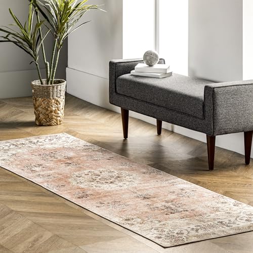 "nuLOOM Ren Vintage Floral Machine Washable Ultra Thin Runner Rug, 2' 6"" x 12', Peach"