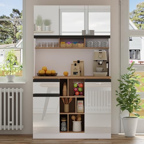 Ball & Cast Kitchen Cupboard, Tall Kitchen Cabinet, Buffet Sideboard, with High-Gloss Doors, Adjustable Shelves, Drawers & Open Storage, Tip-Over Protection, for Dining Room, White, 105x45x185 cm
