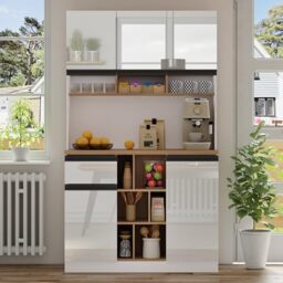 Ball & Cast Kitchen Cupboard, Tall Kitchen Cabinet, Buffet Sideboard, with High-Gloss Doors, Adjustable Shelves, Drawers & Open Storage, Tip-Over Protection, for Dining Room, White, 105x45x185 cm