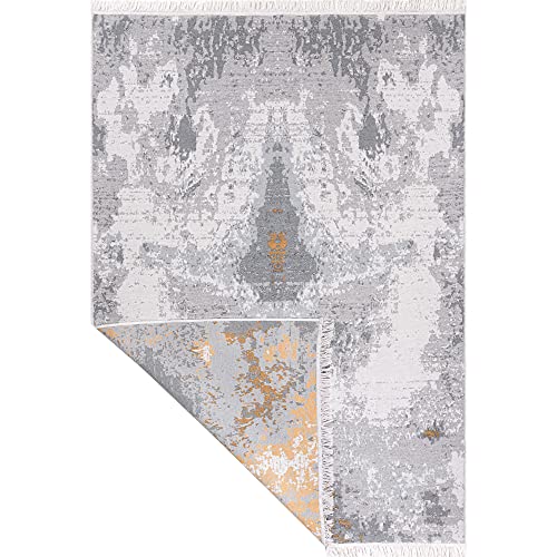 Fashion4Home Short Pile Boho Kilim Rug, Living Room Rug, Bedroom and Kitchen Rug, Rug Runner, Hallway Rug, Children's Room Rug, Abstract Grey/Gold, Greetings: 80 x 150 cm