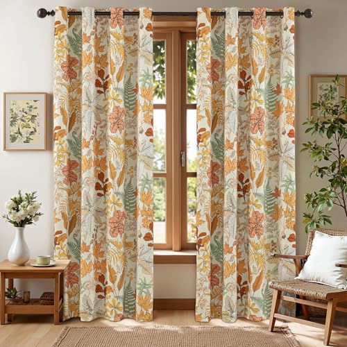 keensoft Red Maple 100% Blackout Curtains for Bedroom 96 Inch Length 2 Panels Set Orange Fall Plant Floral Black Out Curtains Insulated Grommet Room Darkening Window Drapes for Living Room???52Wx96L