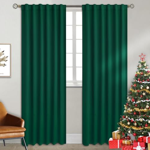 BGment Rod Pocket and Back Tab Blackout Curtains for Living Room - Christmas Emerald Green Thermal Insulated Room Darkening Curtains for Bedroom, 2 Window Curtain Panels (52 x 84 Inch, Emerald)