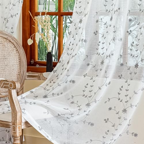 AmHoo 2 Panels Leaf Flora Embroidered Farmhouse Semi Sheer Curtain Voile Curtains for Living Room Bedroom Window Treatment White Light Gray 53 x 63 Inch