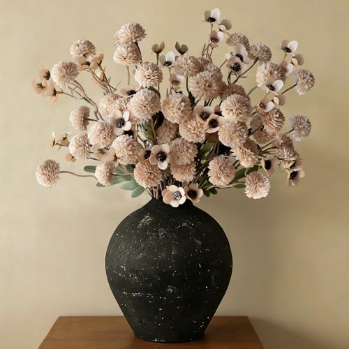 12 Pcs Fake Flowers Beige Artificial Mums Faux Pompon Kiku Mums Artificial Flowers with Long Stems Floral Arrangement, Silk Dried Flowers Home Decor Fall Decorations For Home Vase Filler(No Vase)