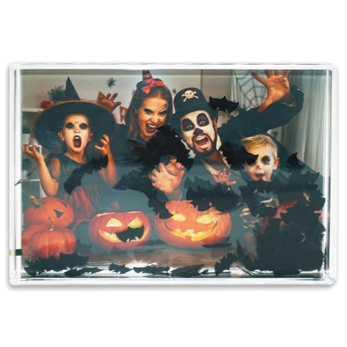 Halloween Glitter Photo Frame, Acrylic Picture Frame holds 10 x 15 cm (4 x 6 inch) Clear Frameless Desktop Photo Block with Bat (Black) - Ideal Personalised Gifts or Halloween Decorations