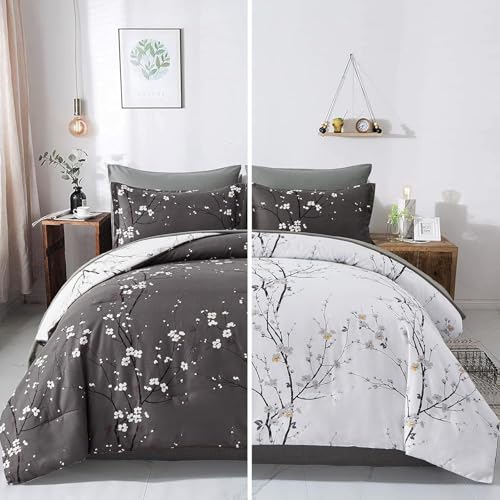 WONGS BEDDING Floral Cmomforter Set Queen,7 Pieces Bed in a Bag Comforter Reversible Flower Plum Bedding set Queen Size???1 Comforter ,2 Pillowcase,2 Pillow Shams,1 Flat Sheet,1 Fitted Sheet???
