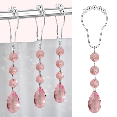 Yapicoco Shower Curtain Hooks Rings for Bathroom, 12PCS Gemstone Crystal Bead Stainless Steel Rust Resistant Clear Shower Curtain Rings for Shower Curtains (Pink)