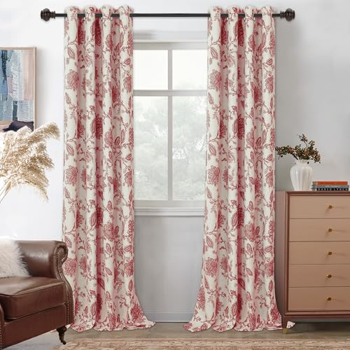 DriftAway Linen Floral Paisley Blackout Curtains Grommet, W52 x L102, Red - Floral Curtains, Farmhouse, Jacobean, Bedroom, Living Room, Thermal Insulated, Linen Blend, Lined, Room Darking