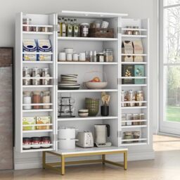 Feonase 51” Kitchen Pantry Storage Cabinet with Doors and Adjustable Shelves, Freestanding Pantry Cabinets, Buffet Cupboards Storage Cabinet for Home Office Use, White + Gold