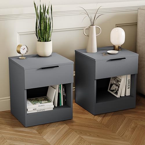 Vida Designs Trega 1 Drawer Bedside Cabinets Set of 2 Grey - Compact Space-Saving Nightstands - 41H x 39W x 28D cm - Engineered Wood - Glide Drawers, Black Handles - Ideal for Bedroom & Guest Room