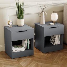 Vida Designs Trega 1 Drawer Bedside Cabinets Set of 2 Grey - Compact Space-Saving Nightstands - 41H x 39W x 28D cm - Engineered Wood - Glide Drawers, Black Handles - Ideal for Bedroom & Guest Room