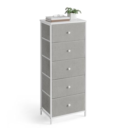 SONGMICS Chest of Drawers Bedroom, Drawer Storage Unit, Dresser with 5 Fabric Drawers, Metal Frame, Tall and Slim, for Closet, Dove Grey and Cream White BELLAH Collection LTS315G01