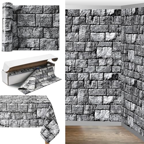 Oudain 54 Inch x 100 ft Brick Stone Tablecloth Roll Wall Backdrop with Cutter Box Disposable Plastic Castle Table Cover Medieval Brick Photography Background Wallpaper Birthday Party Decoration