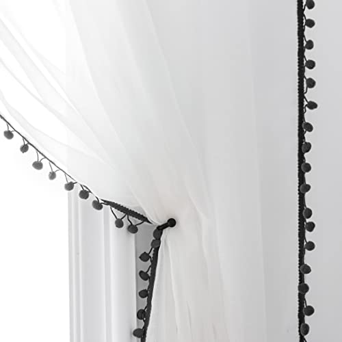 MISS SELECTEX Linen Look Pom Pom Tasseled Curtains - Rod Pocket Voile Semi-Sheer Curtains for Living & Bedroom, Set of 2 Curtain Panels (52 x 95 inch, White & Dark Grey)