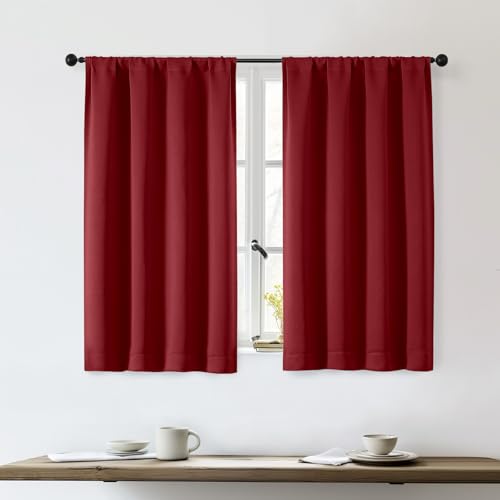 OWENIE Sally Red Short Blackout Curtains for Bedroom Living Room 45 Inch Length 2 Panels Set, Solid Energy Saving Insulated Bathroom Window Treatment Curtains Blackout Drapes, 2 Pcs W40 x L45