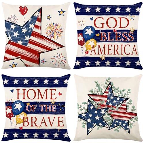4 Pack 4th of July Pillow Covers 18 x 18 Inch Independence Day American Flag Throw Pillow Case Memorial Day Patriotic Star Stripes Truck God Bless America Decor Cushion Case for Home Couch Sofa Bed