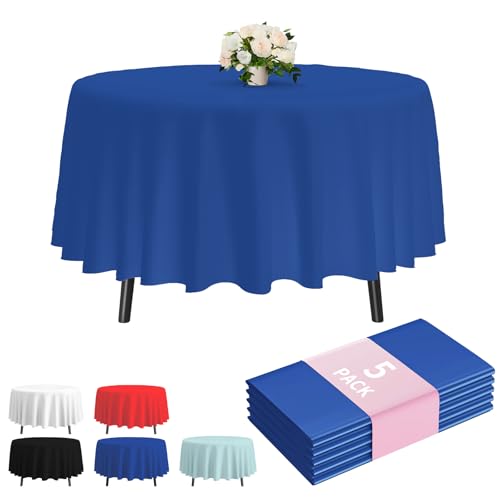 Fixwal 5-Pack Premium Plastic Tablecloth 84in. Round Plastic Table Cover - Navy Blue