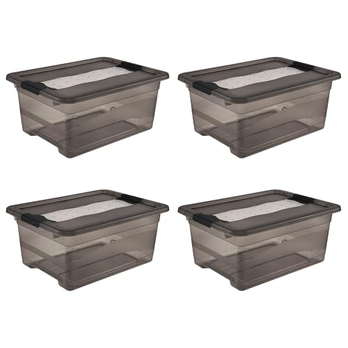 keeeper Cornelia 4 x Storage Boxes with Lid and Sliding Closure, 39.5 x 29.5 x 17.5 cm, 12 L, Crystal Grey