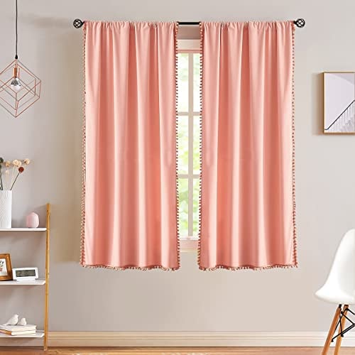"Treatmentex Velvet Blush Pink Curtains for Windows 63"" Decorative Pom Pom Fringe Window Curtain Set for Girls Room Cotton Feel Soft, 1 Pair Coral"