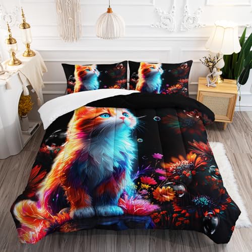 XYNHML Cartoon Kawaii Cat Comforter Set Full Size 3D Animals Flower Toddler Bedding Set Cat Lovers Animal Bubble Design Quilt Bed Set for Girls Kids Teens
