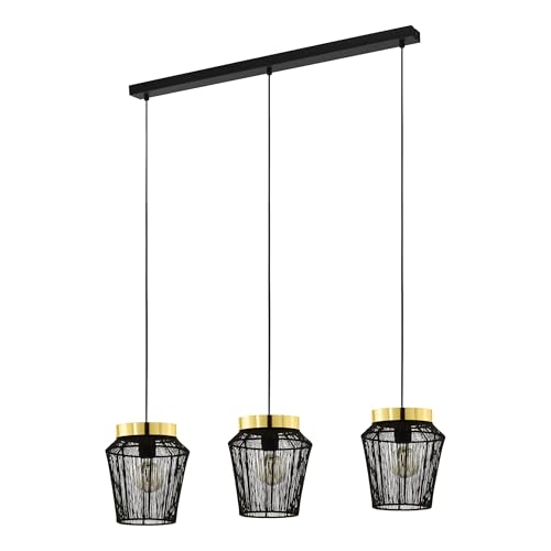 Eglo Pendant Lighting Escandidos, 3 Bulb Ceiling Light Fitting Made of Black Metal and Brushed Brass, Hanging lamp for Dining and Living Room, E27 Socket