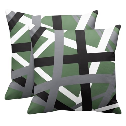 Emvency Set of 2 Throw Pillow Cover Sage Green Black Stripes Grey White Design Retro Decorative Pillow Case Striped Home Decor Square 18x18 Inch Cushion Pillowcase