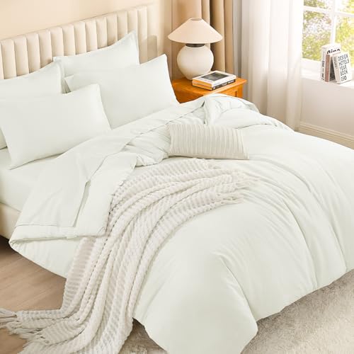 Litanika Super King Plus Comforter Sets Ivory - 7 Pieces Bed in a Bag Beddding Sets, Solid Lightweight Bed Set with Comforter, Sheets, Pillowcases & Shams