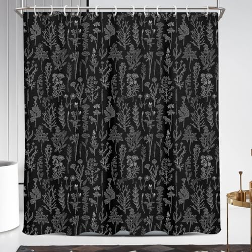 Coxila Vintage Floral Shower Curtain Black Flower Rustic Farmhouse Retro Spring Botanical Nature Country Black Boho Cute Wildflower Nature Bathroom 72 x 84 Inch Polyester Fabric 12 Pack Hooks