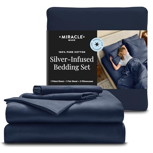 Miracle Made Luxe Cooling Bed Sheet - Navy Sheet - Queen Sheet - 4 Piece Silver Infused Bed Sheet - 300 Thread Count - Thermoregulating Clean & Cool Fabric for Sensitive Skin